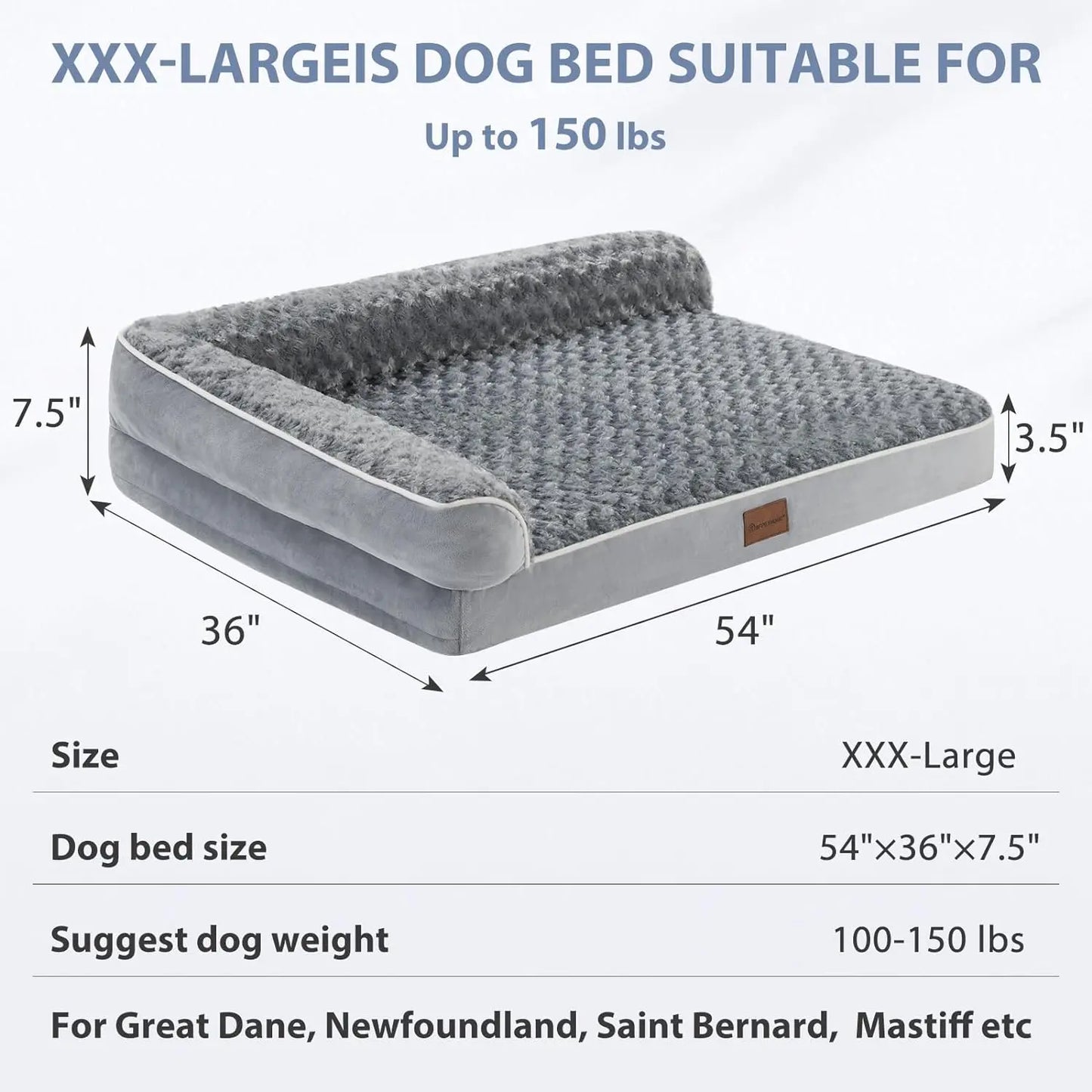 Orthopedic L-Shaped Dog Bed for Large Dogs - Waterproof Velvet-Top Sofa with Pressure Relief Foam, Joint Support, Removable Washable Cover, Self-Warming Soft Surface, Non-Slip Bottom, Apartment Decor