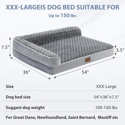 Orthopedic L-Shaped Dog Bed for Large Dogs - Waterproof Velvet-Top Sofa with Pressure Relief Foam, Joint Support, Removable Washable Cover, Self-Warming Soft Surface, Non-Slip Bottom, Apartment Decor