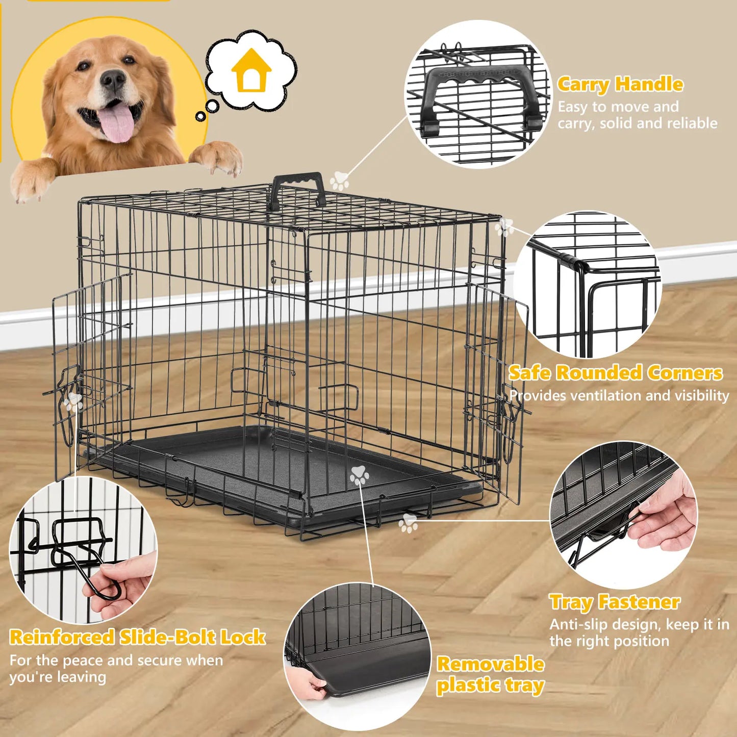 Large Dog Crate Enclosure - 24/30/36/42/48In Foldable Metal Wire Escape-Proof Kennel, Double-Door, Divider Panel, Leak-Proof Plastic Pan Tray for Easy Cleaning, Indoor Use