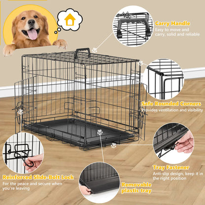Large Dog Crate Enclosure - 24/30/36/42/48In Foldable Metal Wire Escape-Proof Kennel, Double-Door, Divider Panel, Leak-Proof Plastic Pan Tray for Easy Cleaning, Indoor Use