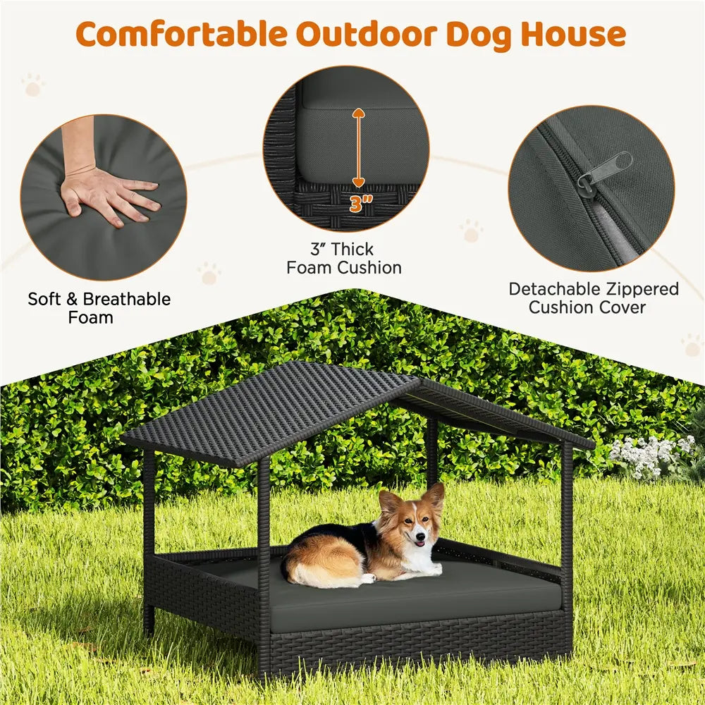 Costoffs Outdoor Elevated Rattan Dog Bed with Canopy & Padded Cushion - Heavy Duty Raised Pet House for Backyard, Poolside & Lawn