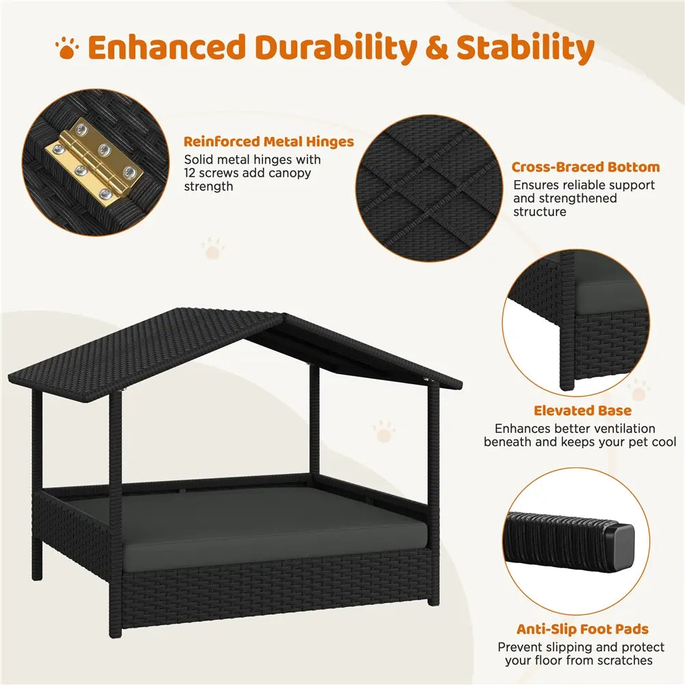 Costoffs Outdoor Elevated Rattan Dog Bed with Canopy & Padded Cushion - Heavy Duty Raised Pet House for Backyard, Poolside & Lawn