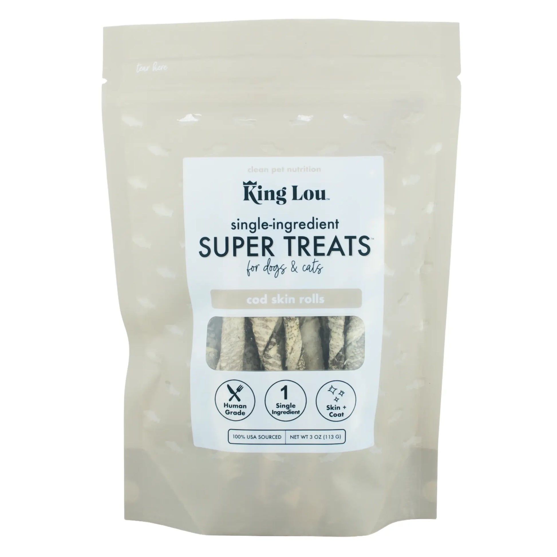 King Lou Cod Skin Rolls - Single-Ingredient Treats for Dogs & Cats, 100% USA, Human-Grade Freeze Dried Raw, Naturally Rich in Omegas for Healthy Skin & Coat