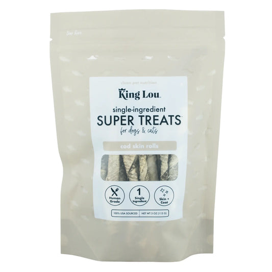 King Lou Cod Skin Rolls - Single-Ingredient Treats for Dogs & Cats, 100% USA, Human-Grade Freeze Dried Raw, Naturally Rich in Omegas for Healthy Skin & Coat