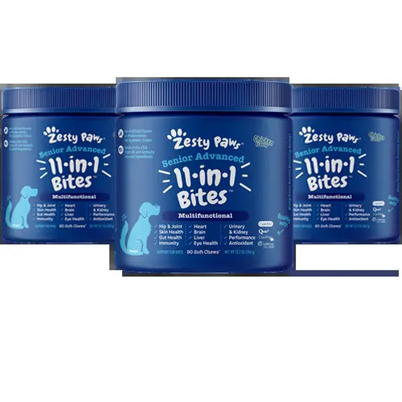 Zesty Paws Senior Advanced 11-In-1 Multivitamin Bites for Senior Dogs 90 Soft Chews per Jar Natural Chicken Flavor Nutritional Supplement