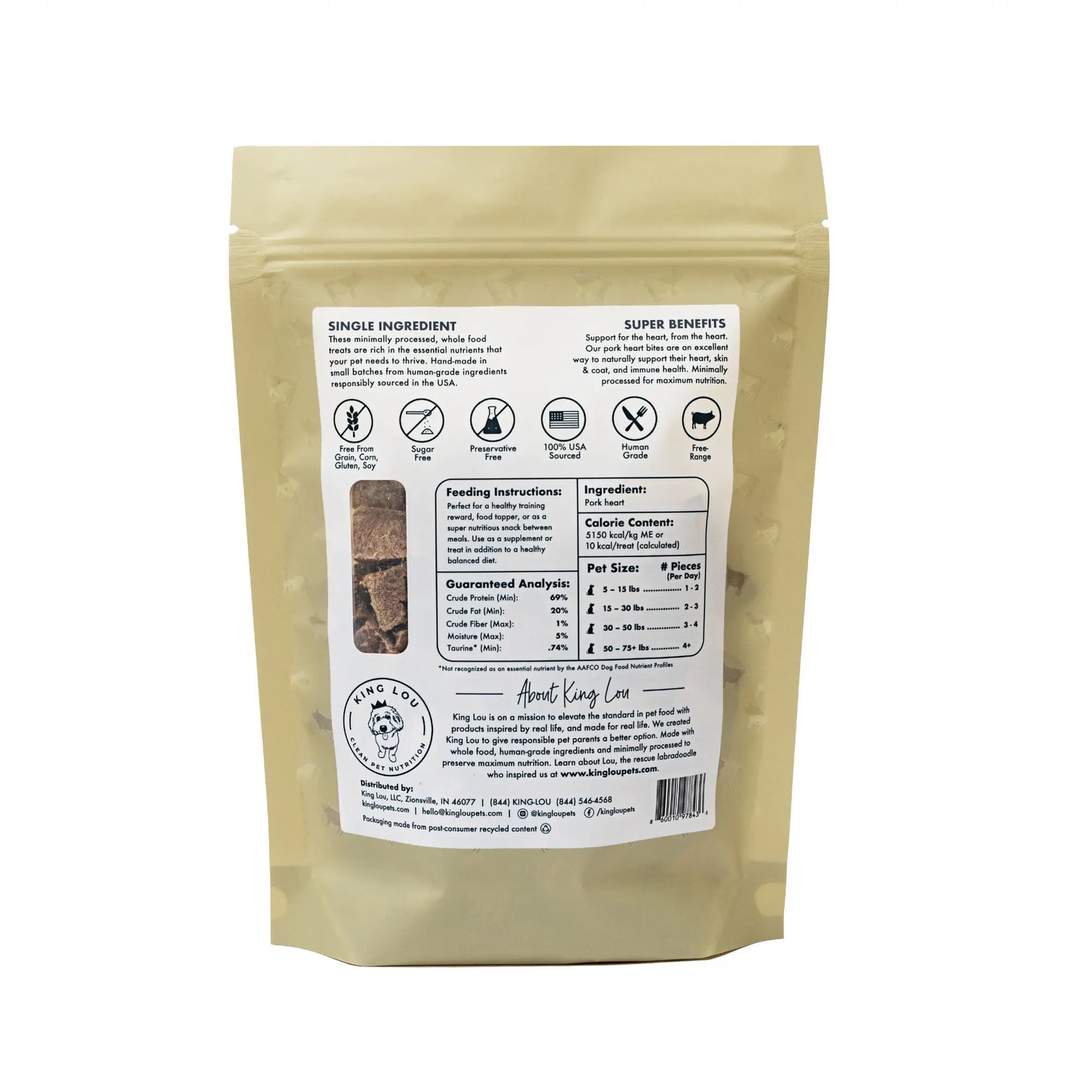 King Lou Pork Heart Bites Treats, Soft Single-Ingredient Treat for Dogs & Cats - Natural Taurine, Supports Heart Health Pet Supplies Chews