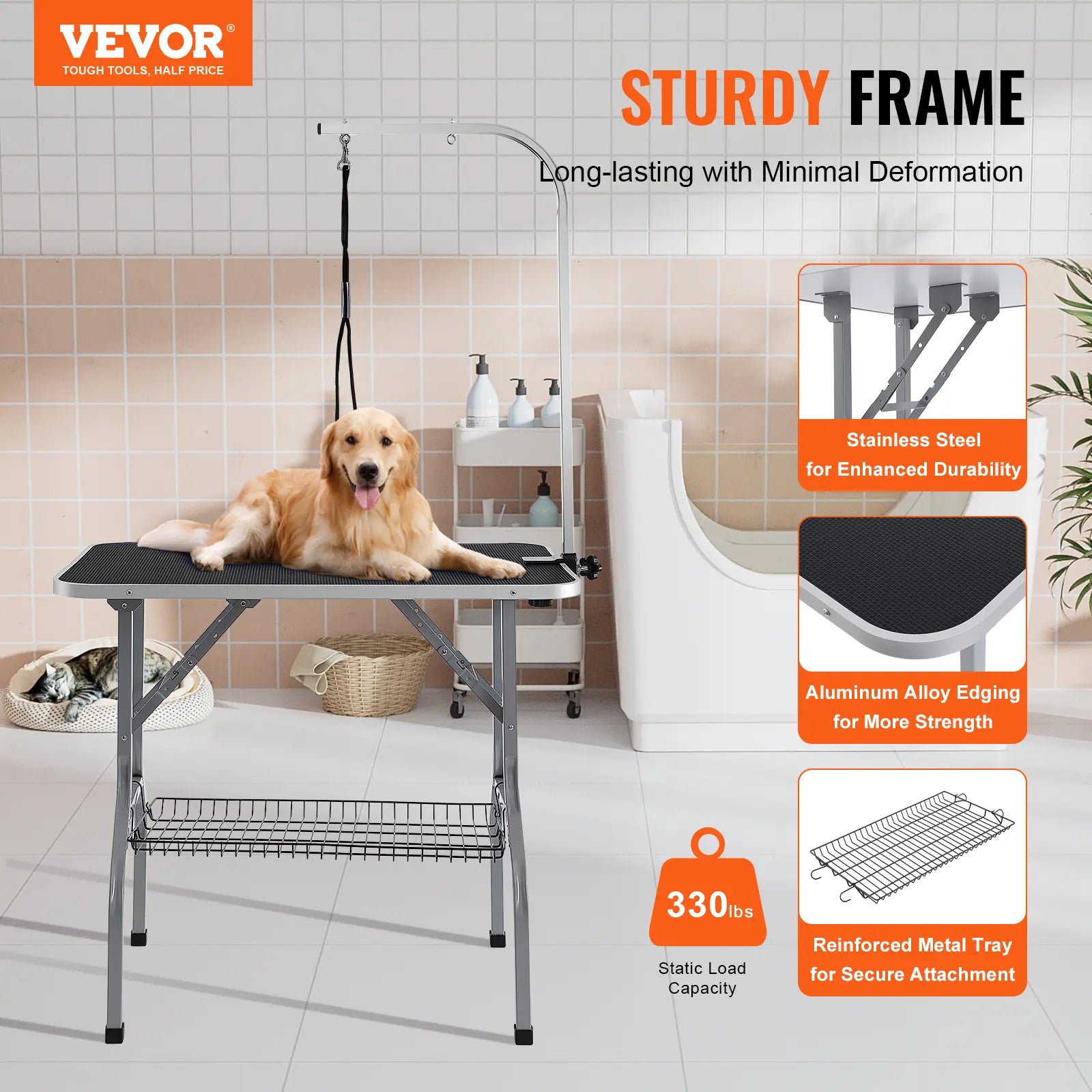Vevor Professional Pet Grooming Table with Adjustable Arm and Clamp, 36''x24'' Foldable Grooming Station for Medium and Small Dogs, Includes Free No-Sit Haunch Holder and Grooming Loop, Supports Up to 330 lbs