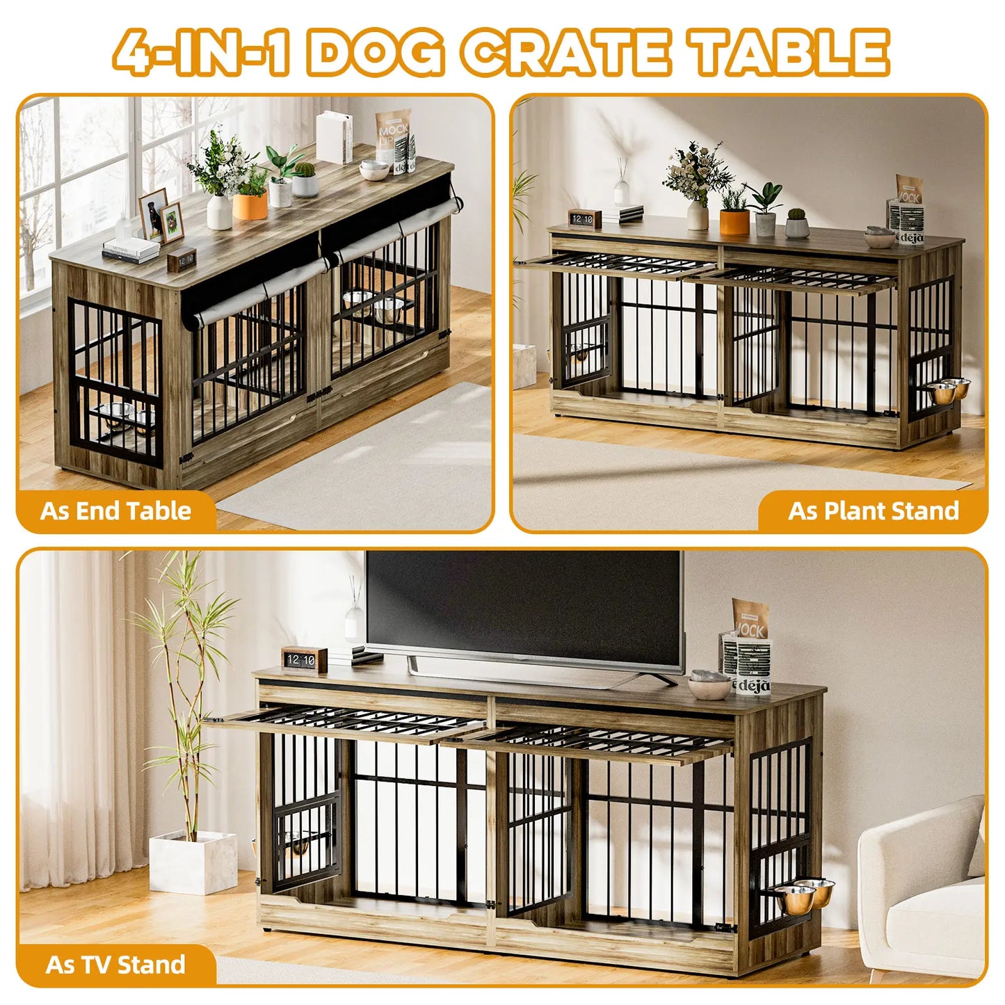 78" Heavy Duty Extra Large Dog Crate with Divider - Double Door Wooden Kennel, Removable Divider, 360° Swivel Bowls, and Reinforced Steel Bars for Extra Large or Two Medium-Large Dogs