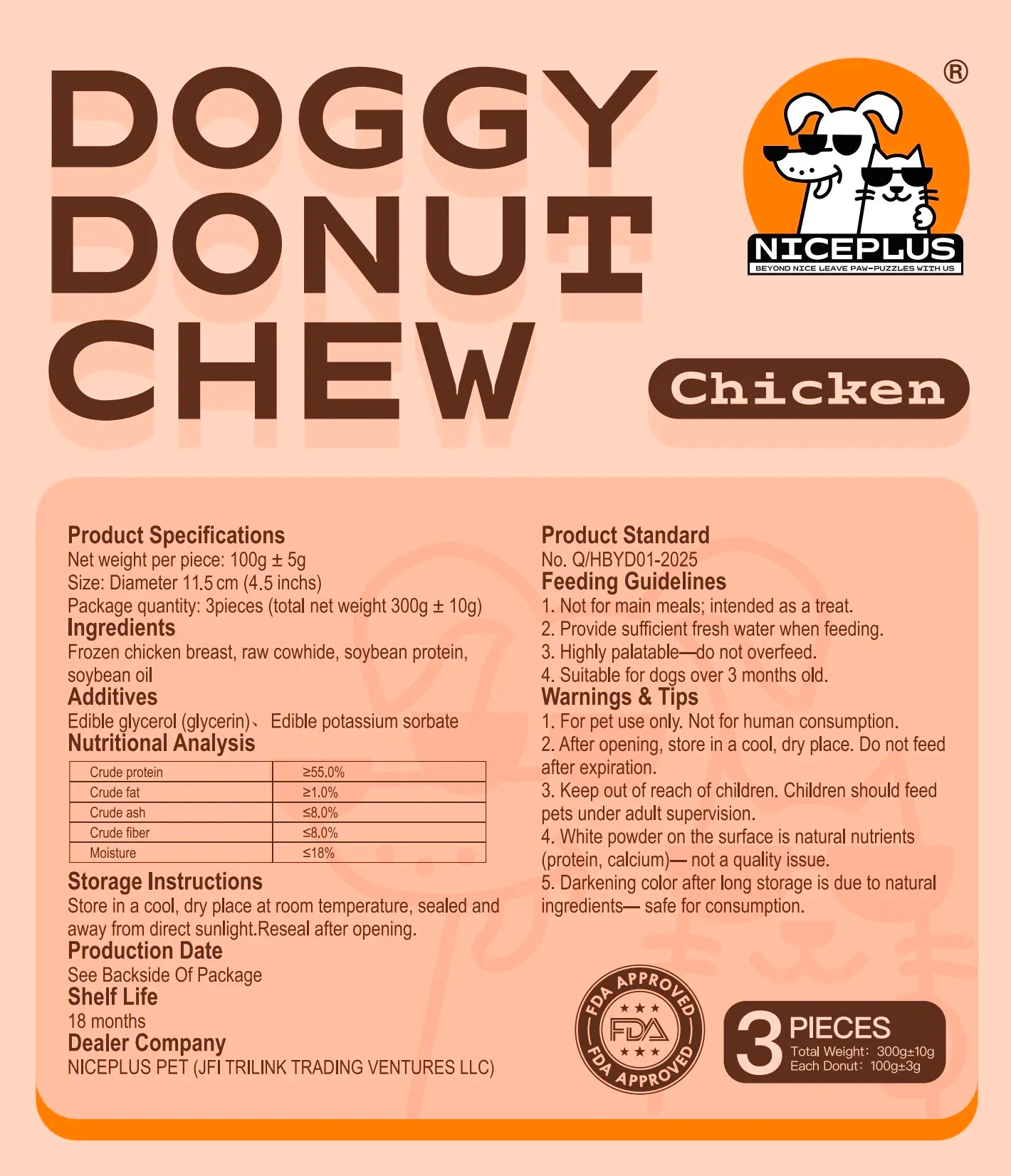 Niceplus Dog Chew Treat - Chicken Wrapped Rawhide Stick for Medium Large Dogs, Protein-Rich Cowhide Chews for Hip & Joint Health, 3Packs
