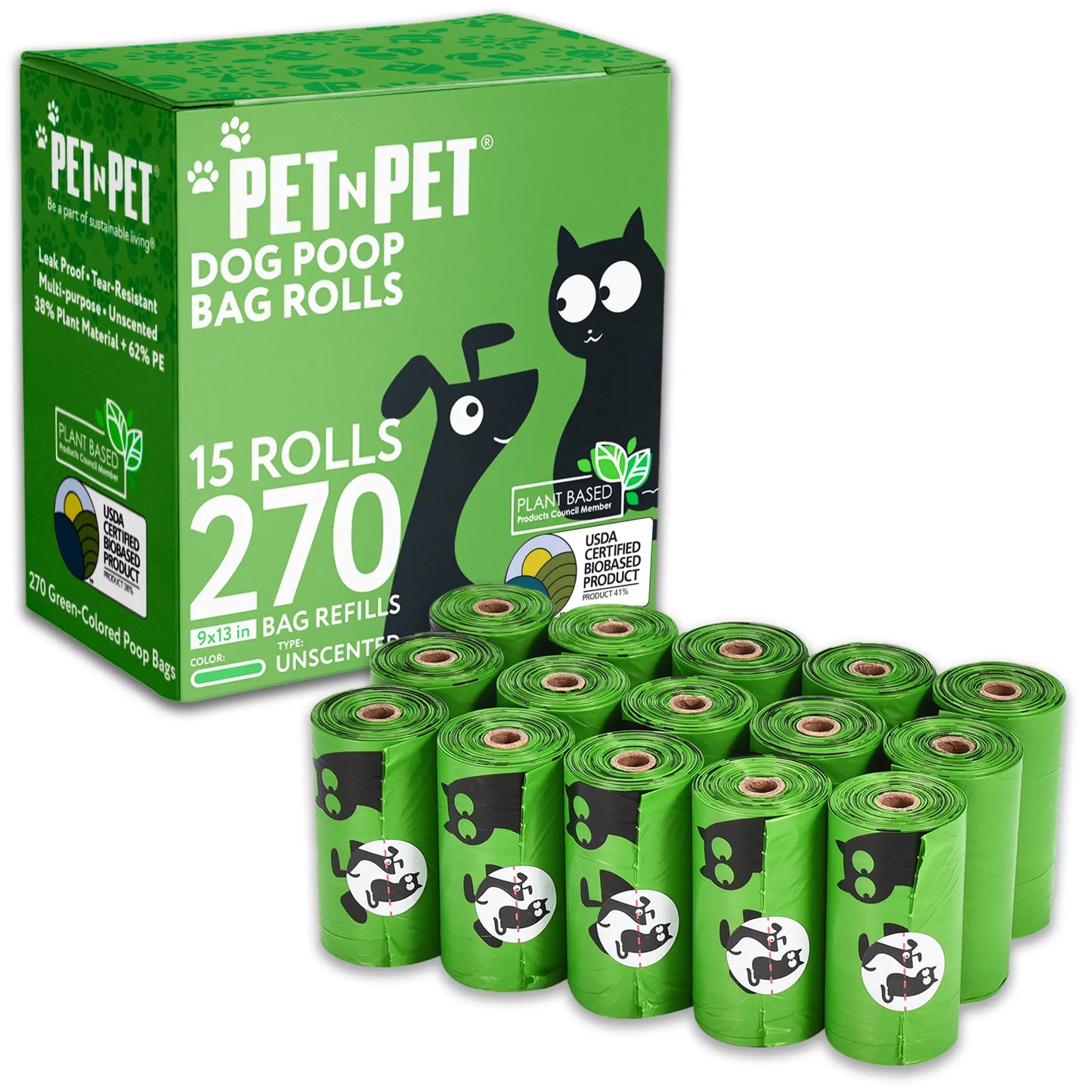 PET N PET Dog Poop Bag USDA Certified 41% Biobased Poop Bags 270&1080 Counts 60 Rolls 9X13 Inches Dog Poop Bag