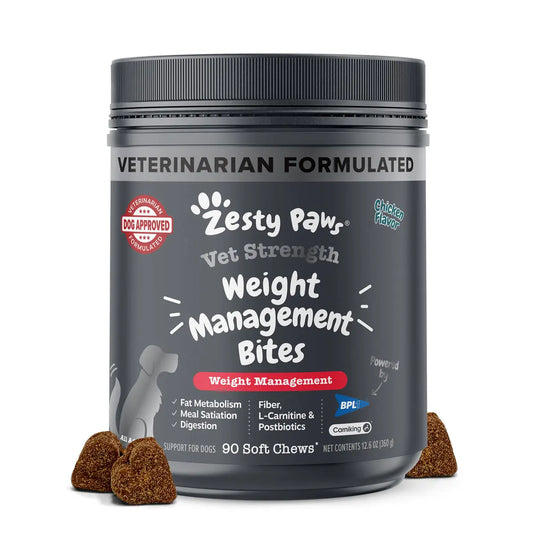 Zesty Paws Weight Management Bites for Dogs – Metabolism & Appetite Control with L-Carnitine, Fiber, Postbiotics & B Vitamins – Chews - 90 Count Supplements Pumpkin