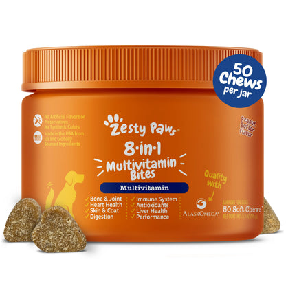 Zesty Paws 8-In-1 Chewable Multivitamin Bite for Dogs, Chicken Soft Chew Immune Support Dog Treats Supplement 8 in Dog Supplements