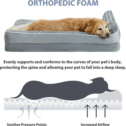 Orthopedic L-Shaped Dog Bed for Large Dogs - Waterproof Velvet-Top Sofa with Pressure Relief Foam, Joint Support, Removable Washable Cover, Self-Warming Soft Surface, Non-Slip Bottom, Apartment Decor