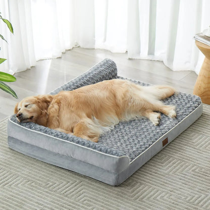 Orthopedic L-Shaped Dog Bed for Large Dogs - Waterproof Velvet-Top Sofa with Pressure Relief Foam, Joint Support, Removable Washable Cover, Self-Warming Soft Surface, Non-Slip Bottom, Apartment Decor