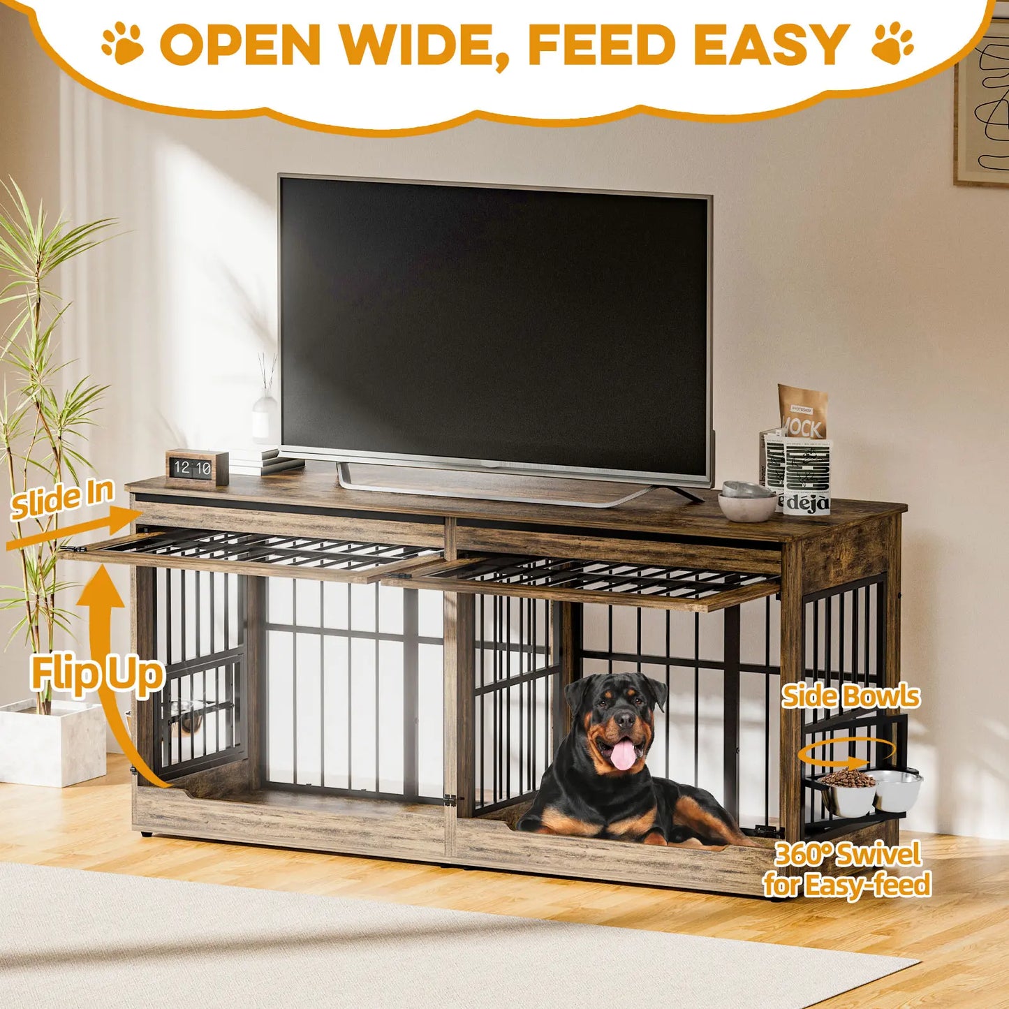 78" Heavy Duty Extra Large Dog Crate with Divider - Double Door Wooden Kennel, Removable Divider, 360° Swivel Bowls, and Reinforced Steel Bars for Extra Large or Two Medium-Large Dogs