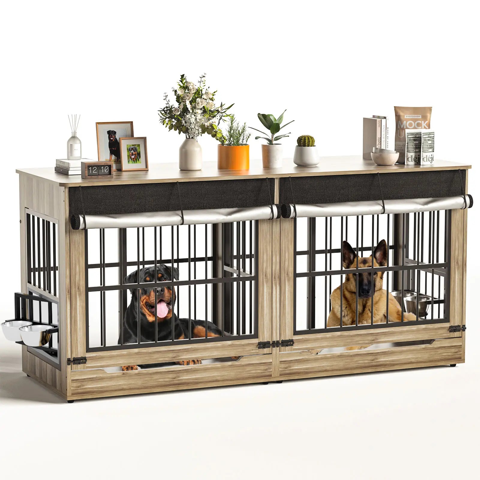 78" Heavy Duty Extra Large Dog Crate with Divider - Double Door Wooden Kennel, Removable Divider, 360° Swivel Bowls, and Reinforced Steel Bars for Extra Large or Two Medium-Large Dogs