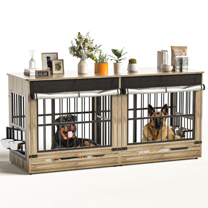 78" Heavy Duty Extra Large Dog Crate with Divider - Double Door Wooden Kennel, Removable Divider, 360° Swivel Bowls, and Reinforced Steel Bars for Extra Large or Two Medium-Large Dogs