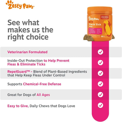 Zesty Paws Flea & Tick Bites for Dogs - Natural Repelguard™ Proprietary Blend Soft Chews for Flea & Tick Prevention - Veterinarian Formulated