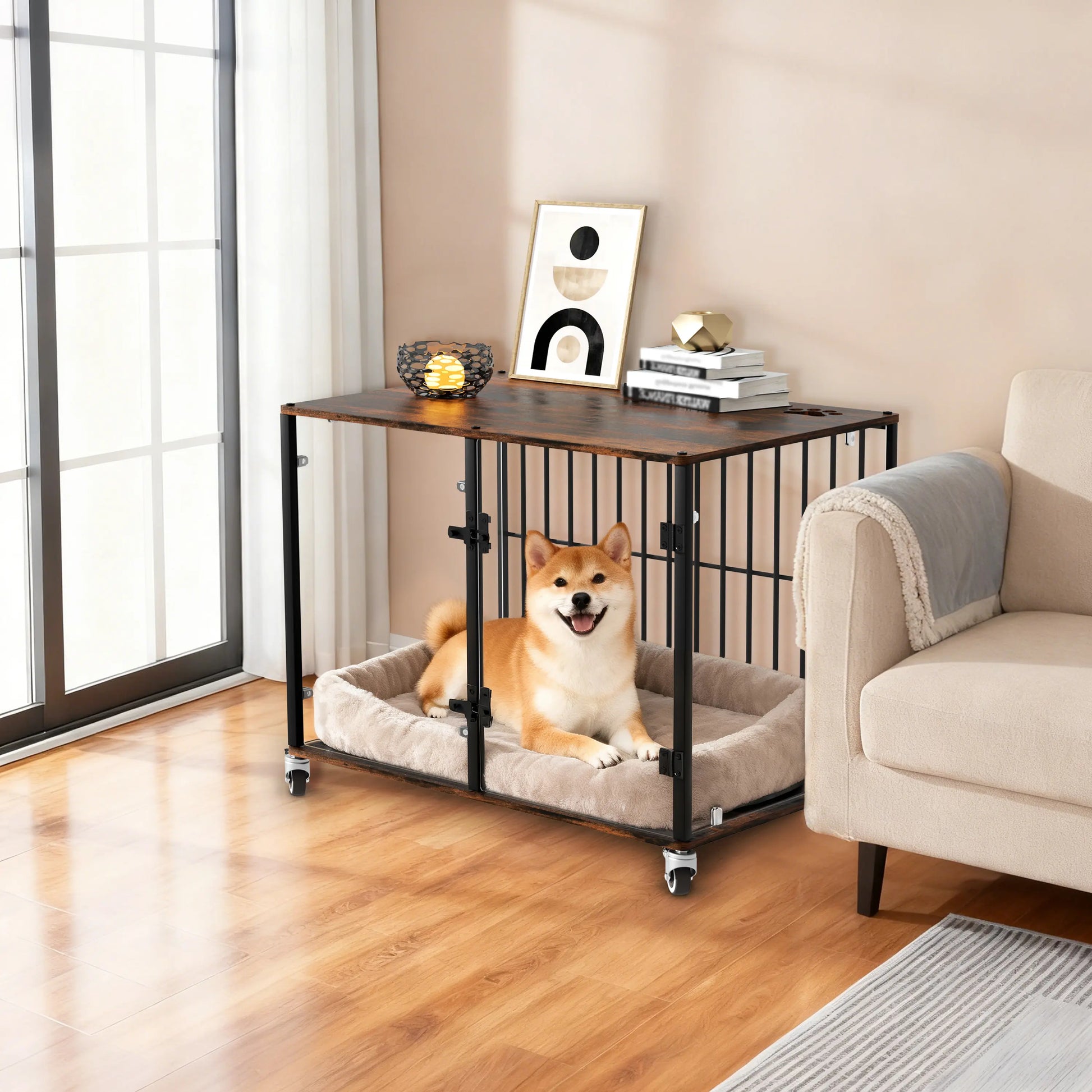 Bingopaw Tempered Glass Puppy Training Crate, Elegant Transparent Indoor Dog Cage for Small Dogs Wooden Kennel