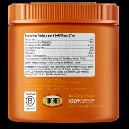 Zesty Paws Skin & Coat Bites for Dogs Soft Chew Treats with Omega 3 Fish Oil EPA & DHA for Skin Coat Health Vitamin Supplement