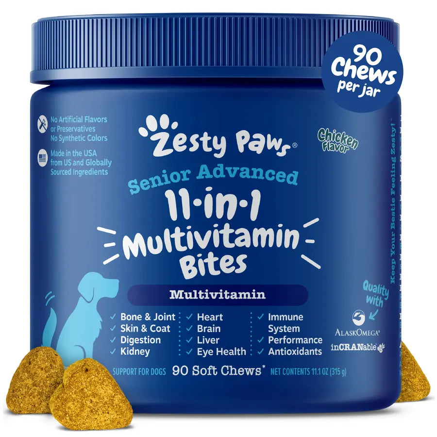 Zesty Paws Senior Advanced 11-In-1 Multivitamin Bites for Senior Dogs 90 Soft Chews per Jar Natural Chicken Flavor Nutritional Supplement