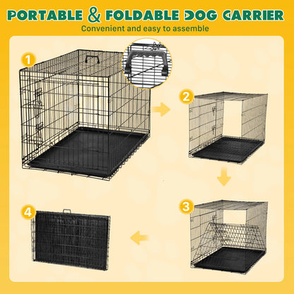 Large Dog Crate Enclosure - 24/30/36/42/48In Foldable Metal Wire Escape-Proof Kennel, Double-Door, Divider Panel, Leak-Proof Plastic Pan Tray for Easy Cleaning, Indoor Use