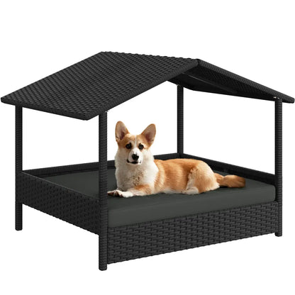 Costoffs Outdoor Elevated Rattan Dog Bed with Canopy & Padded Cushion - Heavy Duty Raised Pet House for Backyard, Poolside & Lawn
